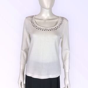 Chico's White & Silver Embellished Tee Shirt  Round Neck 3/4 Sleeves